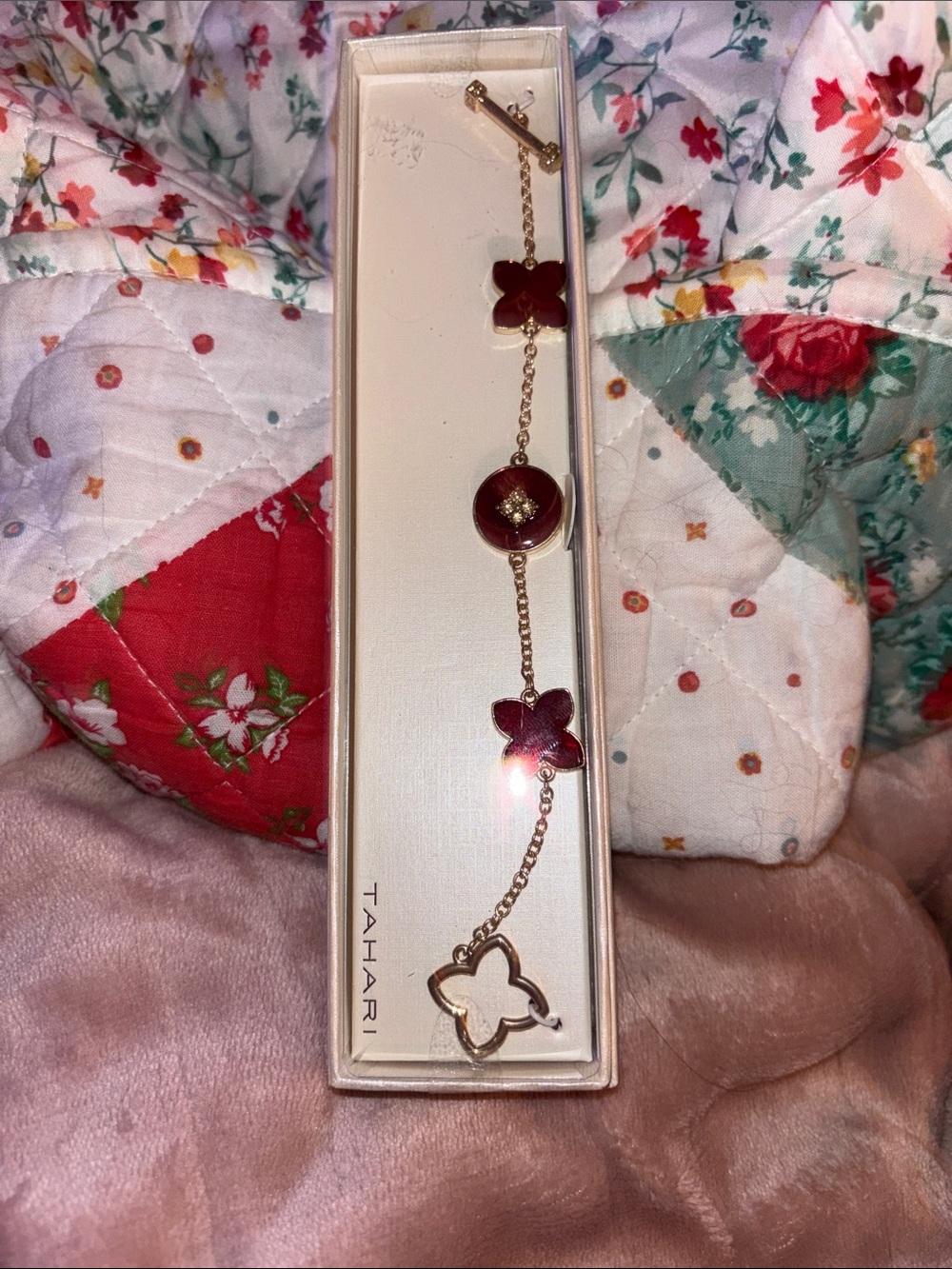 Tahari Gold-Tone Bracelet with Red Flower Accents